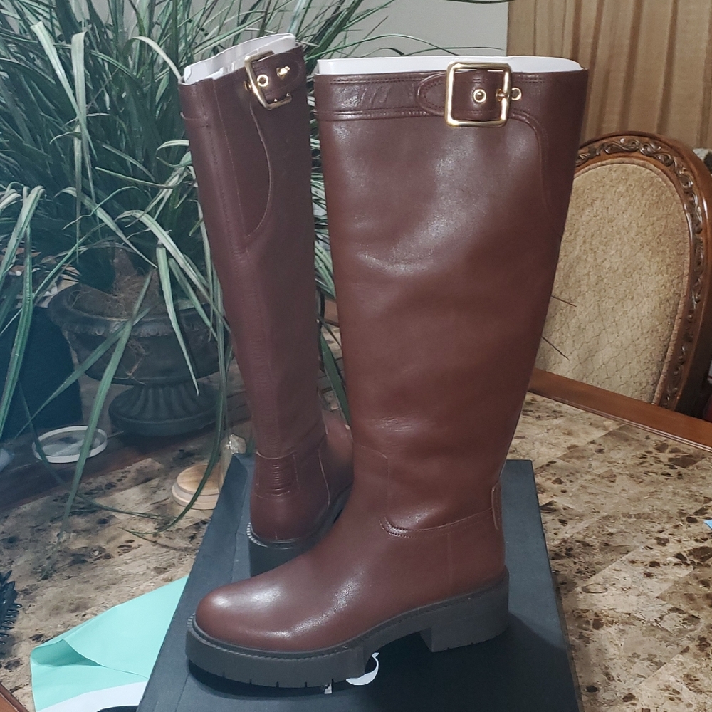 Coach Brown Leather Knee-High Rain Boots with Gold Buckle